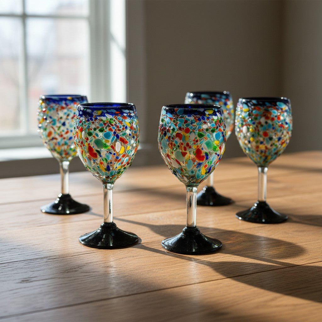 Hand Blown Mexican Wine Glasses | Blue Rim Confetti Design Mexican Wine Glass La Vie Bien Hand Blown Mexican Wine Glasses | Blue Rim Confetti Design