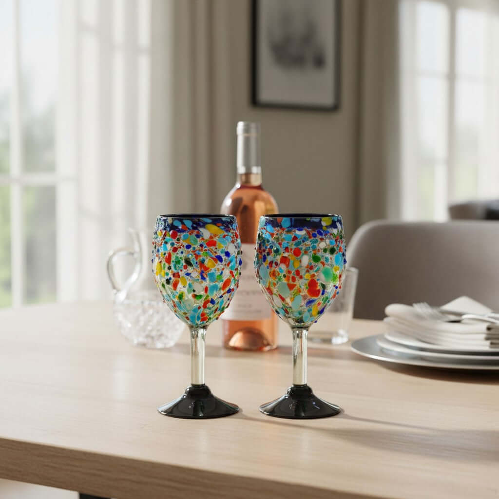 Hand Blown Mexican Wine Glasses | Blue Rim Confetti Design Mexican Wine Glass La Vie Bien Hand Blown Mexican Wine Glasses | Blue Rim Confetti Design