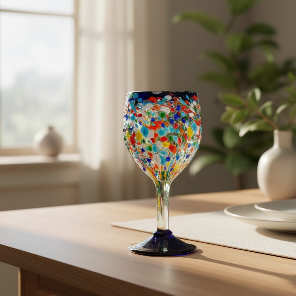 Hand Blown Mexican Wine Glasses | Blue Rim Confetti Design Mexican Wine Glass La Vie Bien Hand Blown Mexican Wine Glasses | Blue Rim Confetti Design