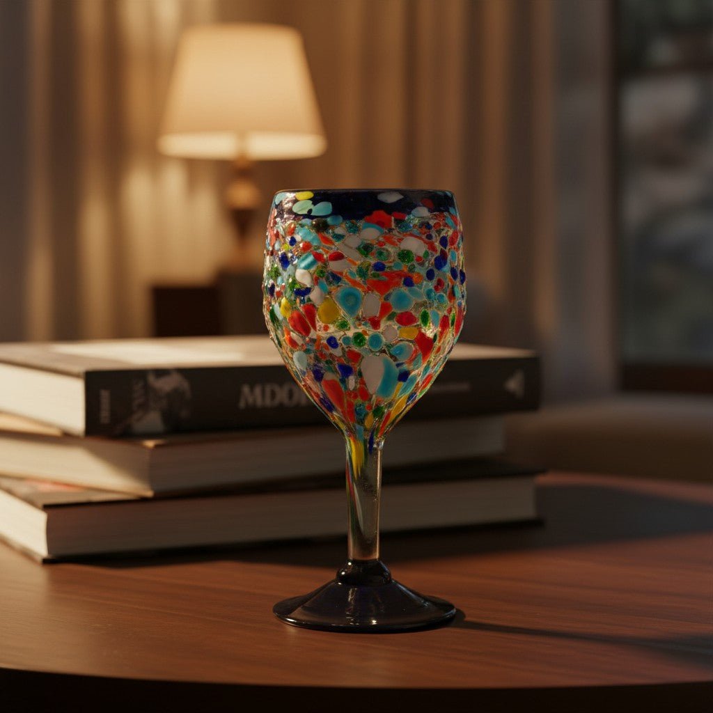Hand Blown Mexican Wine Glasses | Blue Rim Confetti Design Mexican Wine Glass La Vie Bien Hand Blown Mexican Wine Glasses | Blue Rim Confetti Design
