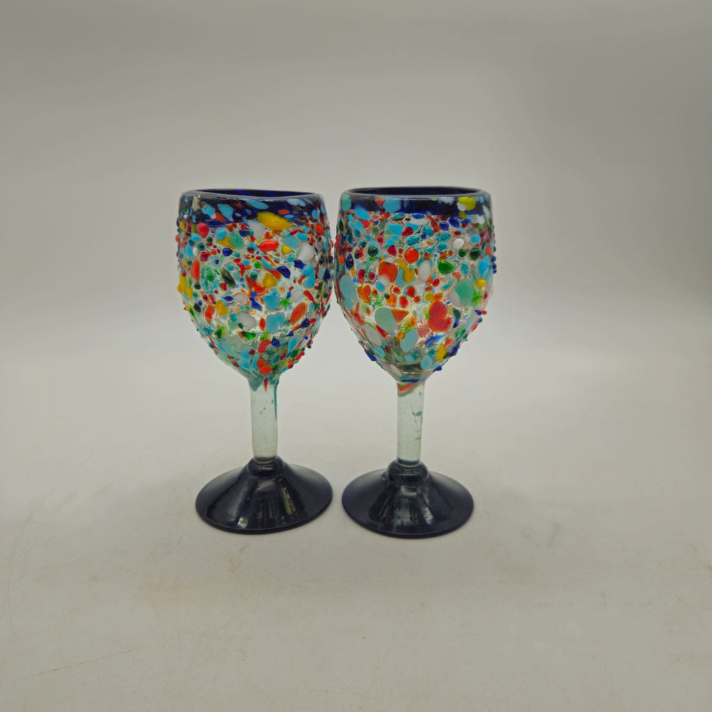 Hand Blown Mexican Wine Glasses | Blue Rim Confetti Design