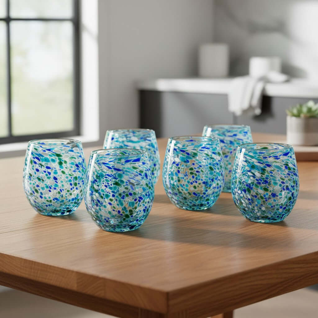 Hand-Blown Stemless Wine Glass | Blue Green Confetti Design Mexican Wine Glass La Vie Bien Hand-Blown Stemless Wine Glass | Blue Green Confetti Design