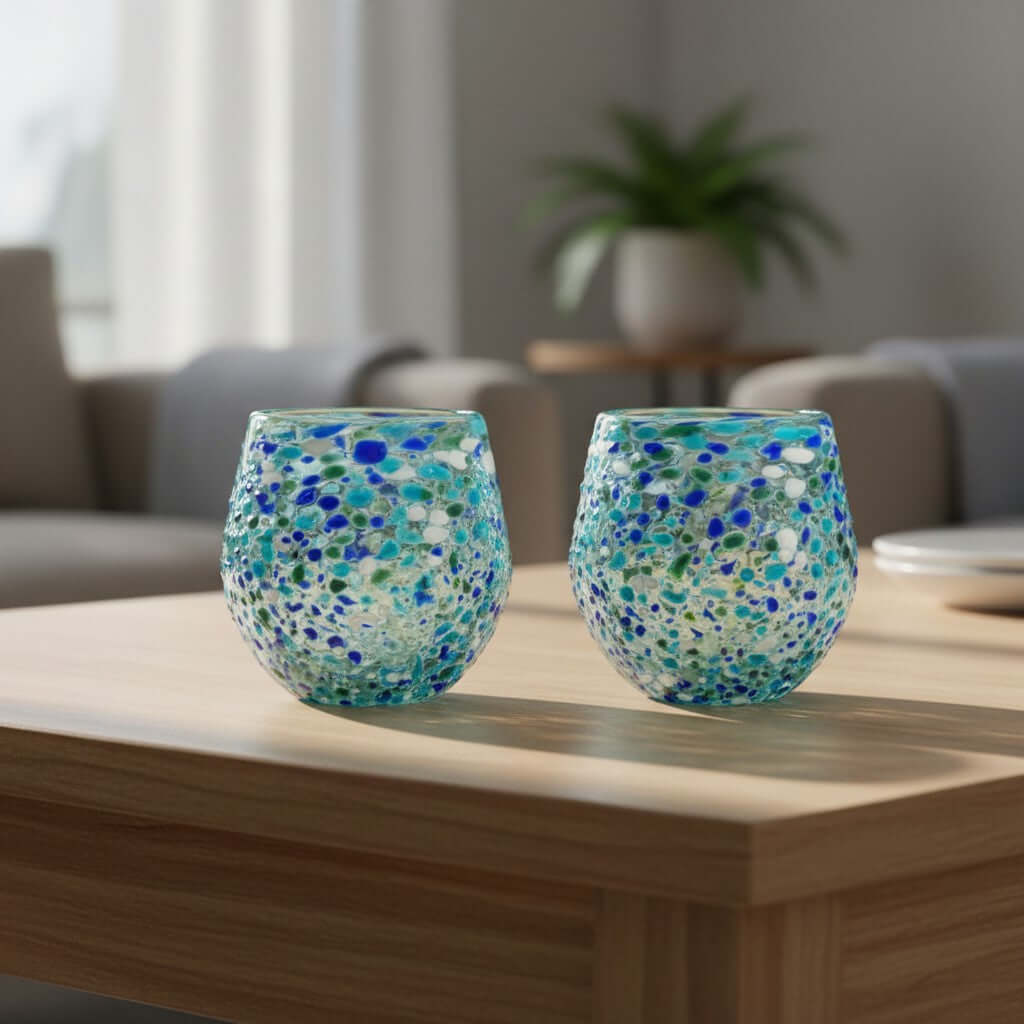 Hand-Blown Stemless Wine Glass | Blue Green Confetti Design Mexican Wine Glass La Vie Bien Hand-Blown Stemless Wine Glass | Blue Green Confetti Design
