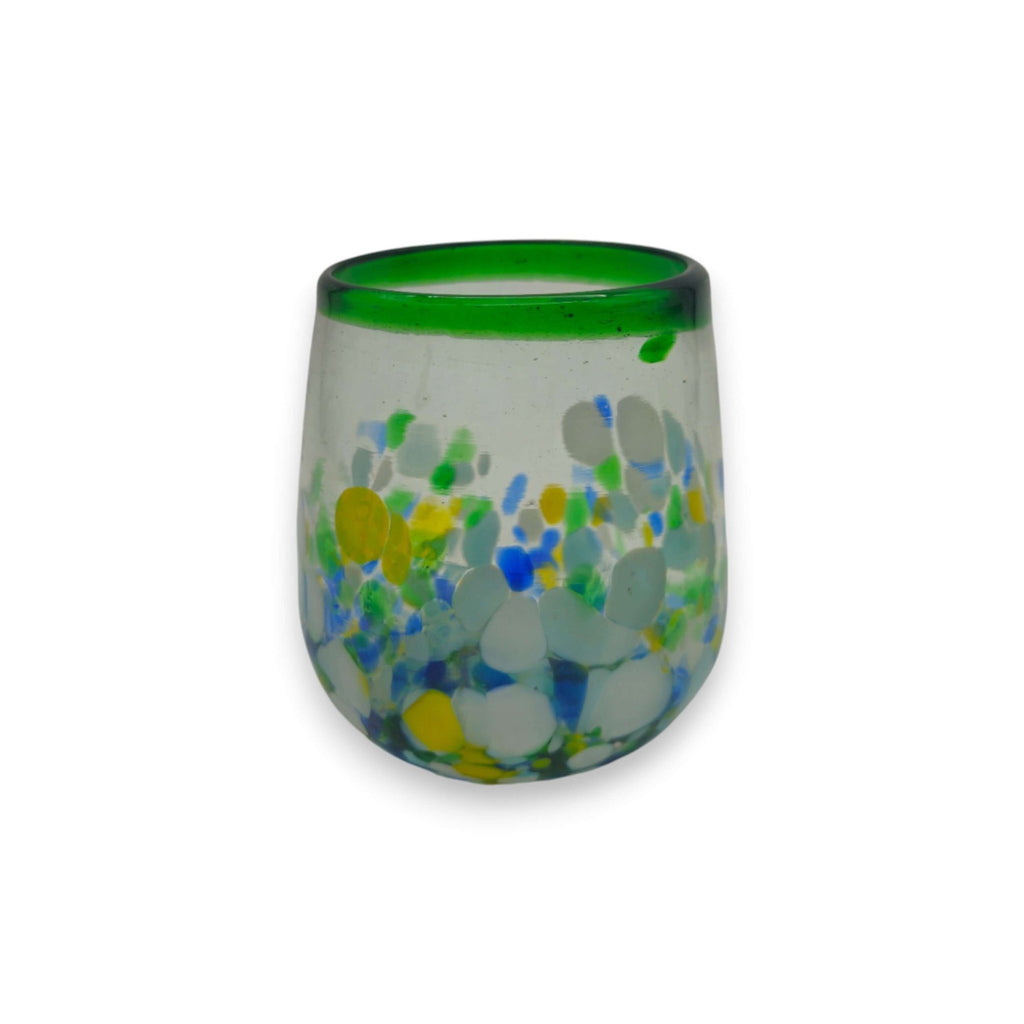Hand-Blown Stemless Wine Glass | Mexican Confetti with Green Rim Mexican Wine Glass La Vie Bien Hand-Blown Stemless Wine Glass | Mexican Confetti with Green Rim