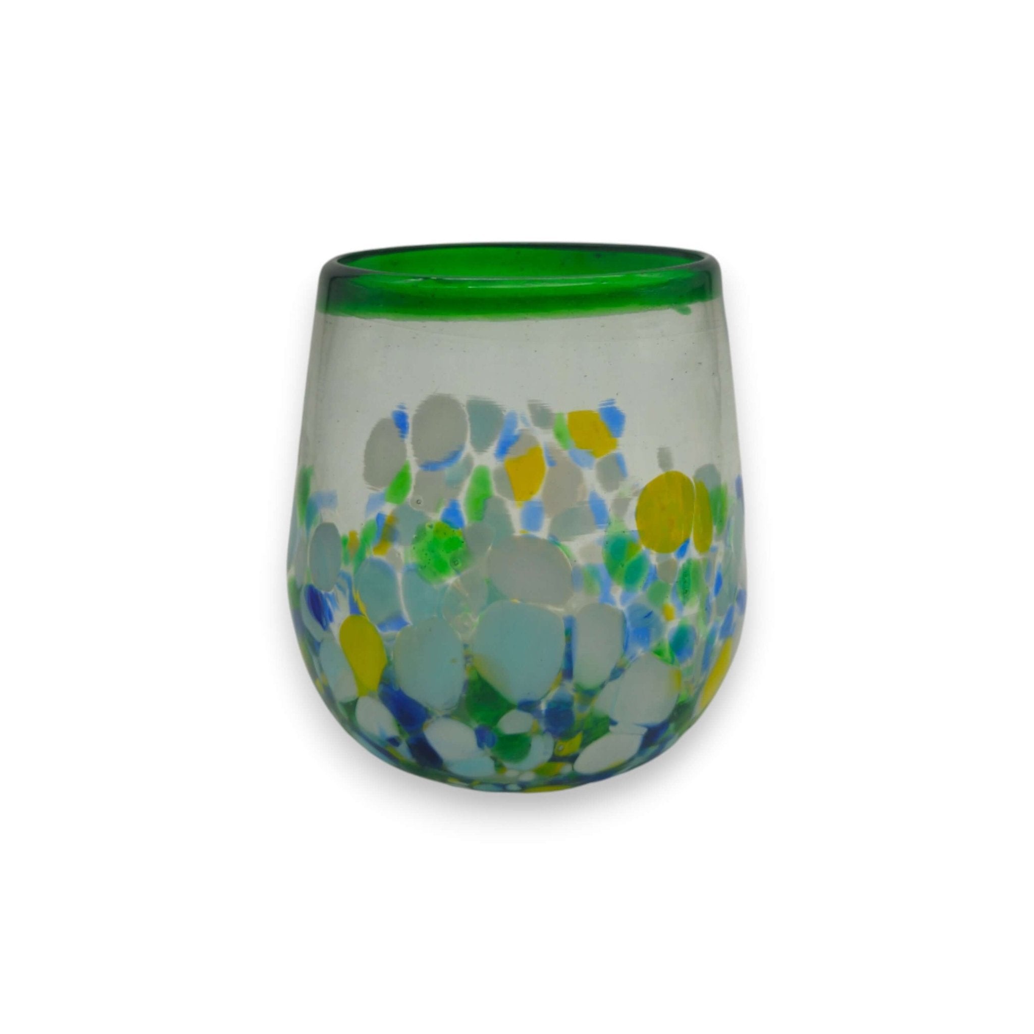 Hand-Blown Stemless Wine Glass | Mexican Confetti with Green Rim Mexican Wine Glass La Vie Bien Hand-Blown Stemless Wine Glass | Mexican Confetti with Green Rim