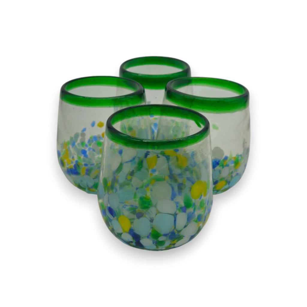 Hand-Blown Stemless Wine Glass | Mexican Confetti with Green Rim Mexican Wine Glass La Vie Bien Hand-Blown Stemless Wine Glass | Mexican Confetti with Green Rim