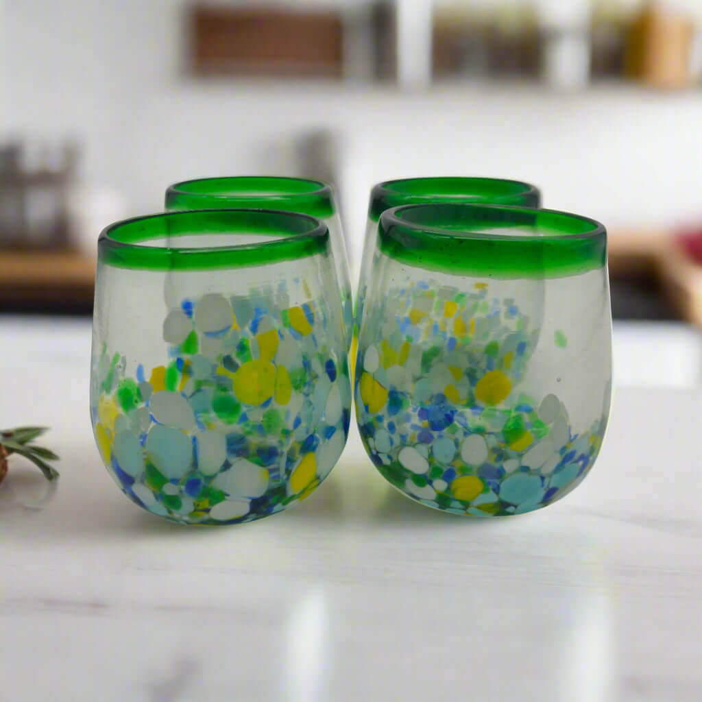 Hand - Blown Stemless Wine Glass | Mexican Confetti with Green Rim Mexican Wine Glass La Vie Bien Hand - Blown Stemless Wine Glass | Mexican Confetti with Green Rim