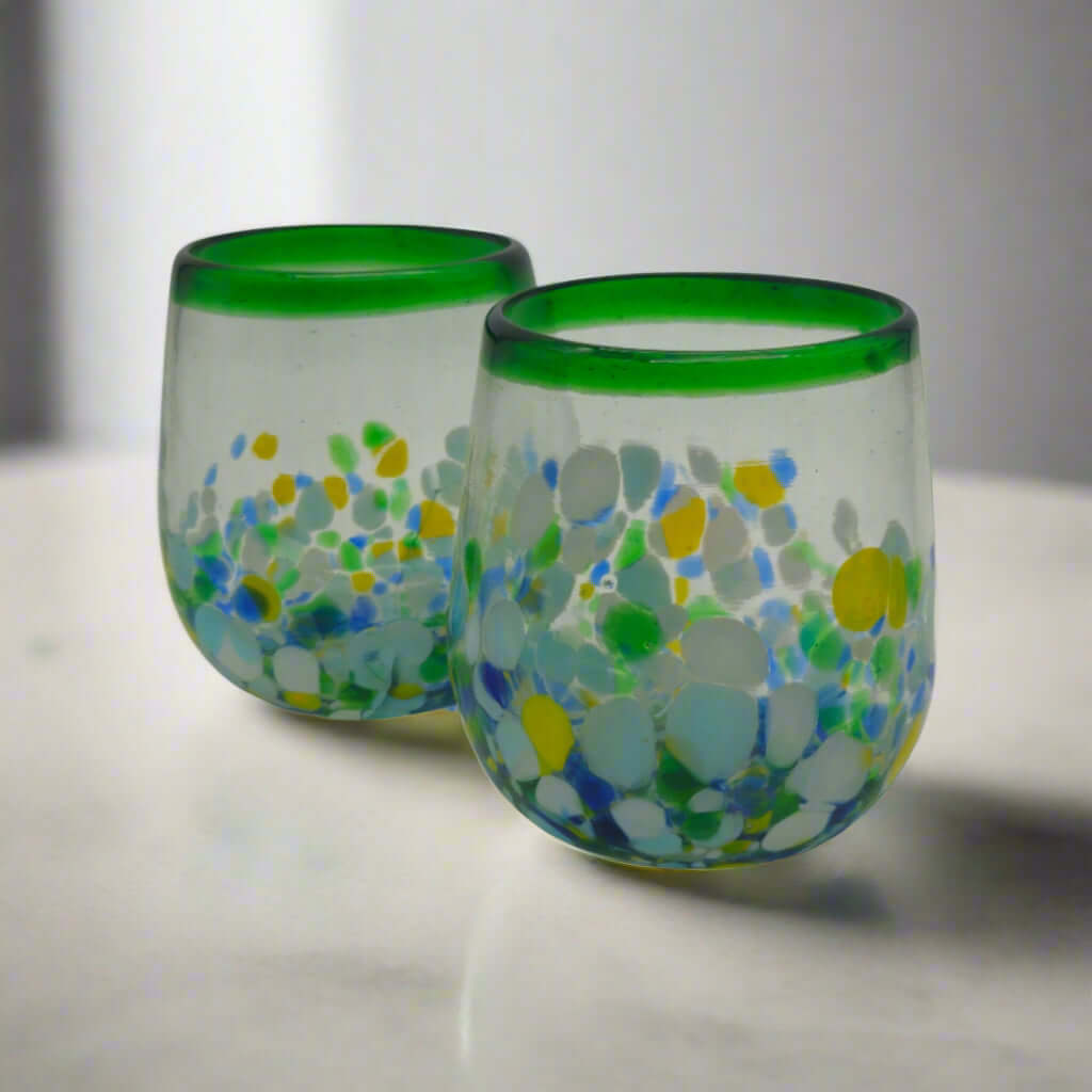 Hand - Blown Stemless Wine Glass | Mexican Confetti with Green Rim Mexican Wine Glass La Vie Bien Hand - Blown Stemless Wine Glass | Mexican Confetti with Green Rim