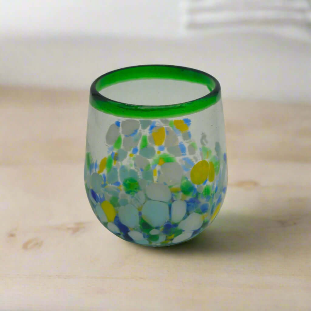 Hand-Blown Stemless Wine Glass | Mexican Confetti with Green Rim Mexican Wine Glass La Vie Bien Hand-Blown Stemless Wine Glass | Mexican Confetti with Green Rim