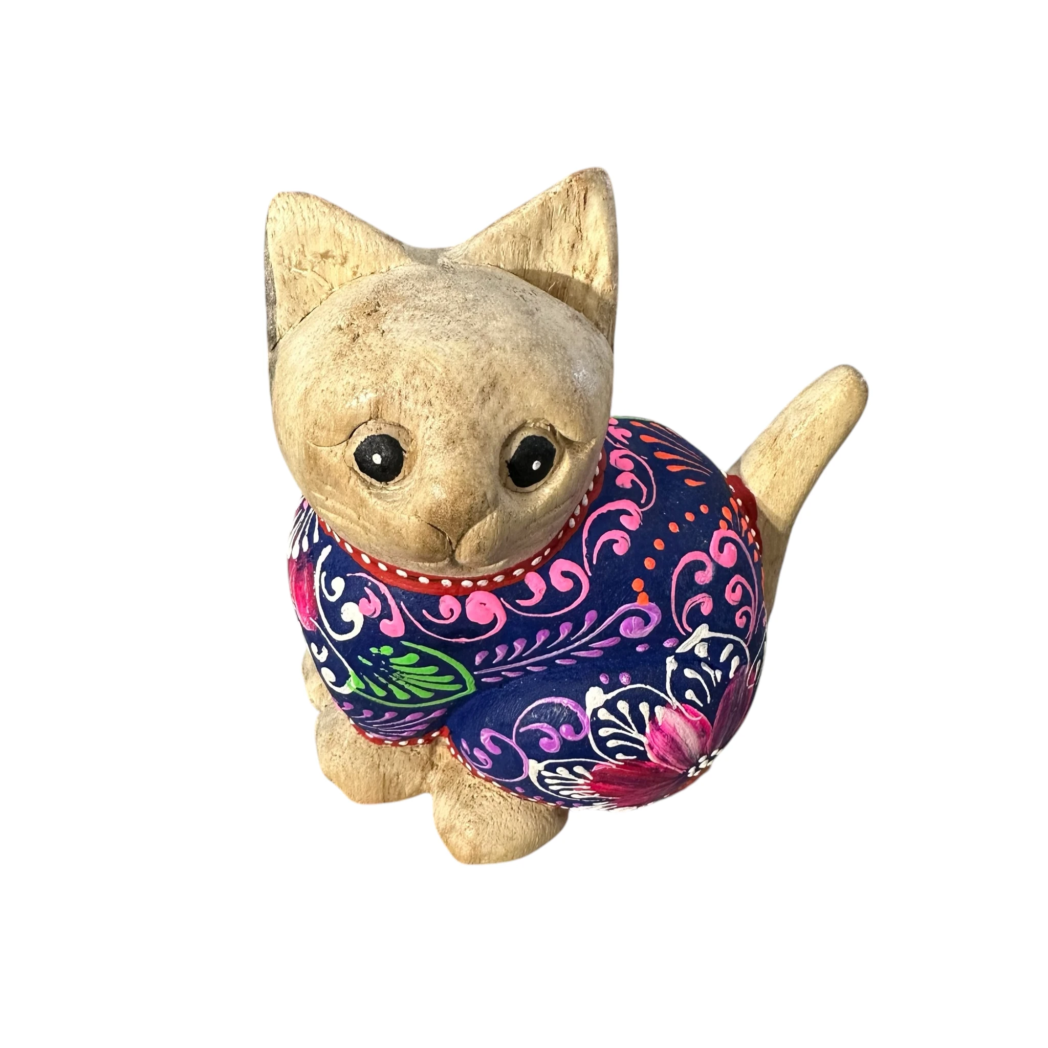 Hand-Carved Wooden Cat Figurine with Hand-Painted Floral Design Twilight Orchid Cat by Music Frog Co