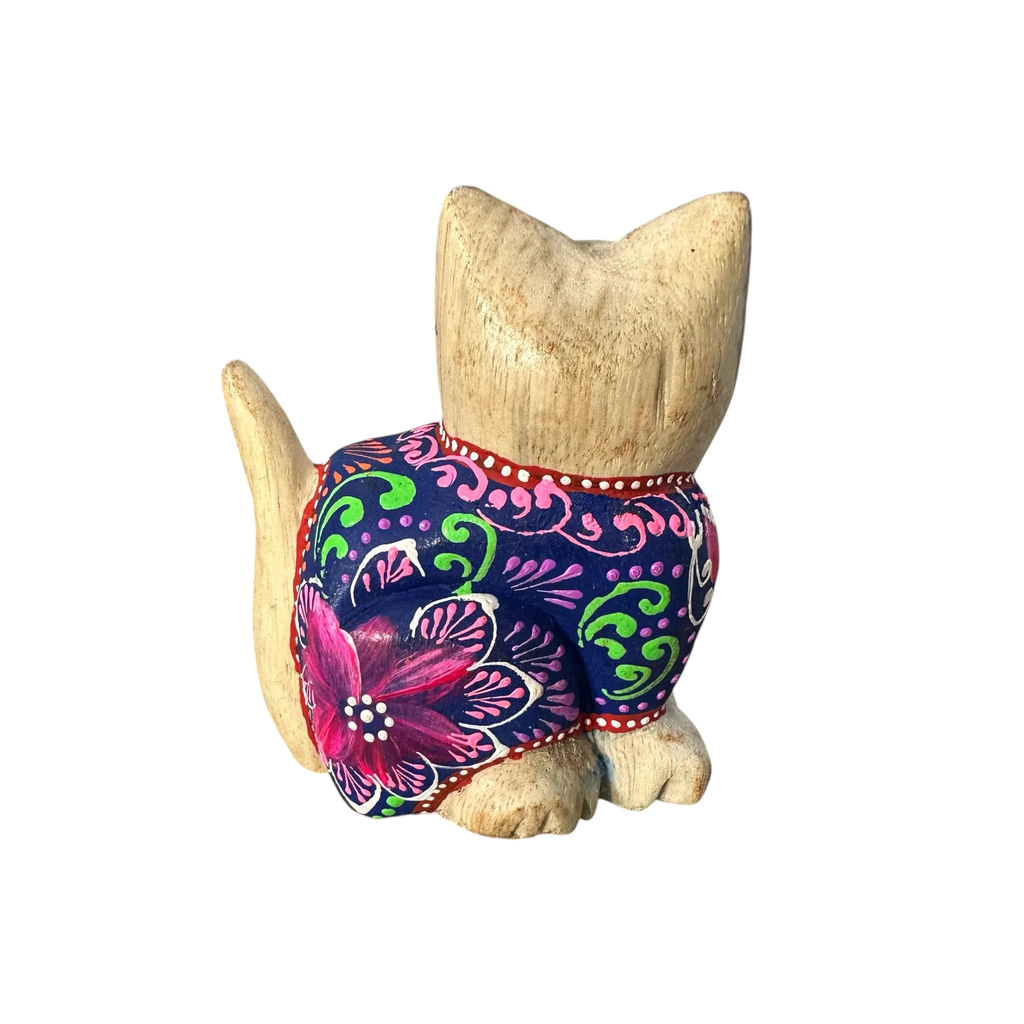 Hand-Carved Wooden Cat Figurine with Hand-Painted Floral Design Twilight Orchid Cat by Music Frog Co