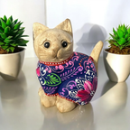 Hand-Carved Wooden Cat Figurine with Hand-Painted Floral Design Twilight Orchid Cat by Music Frog Co