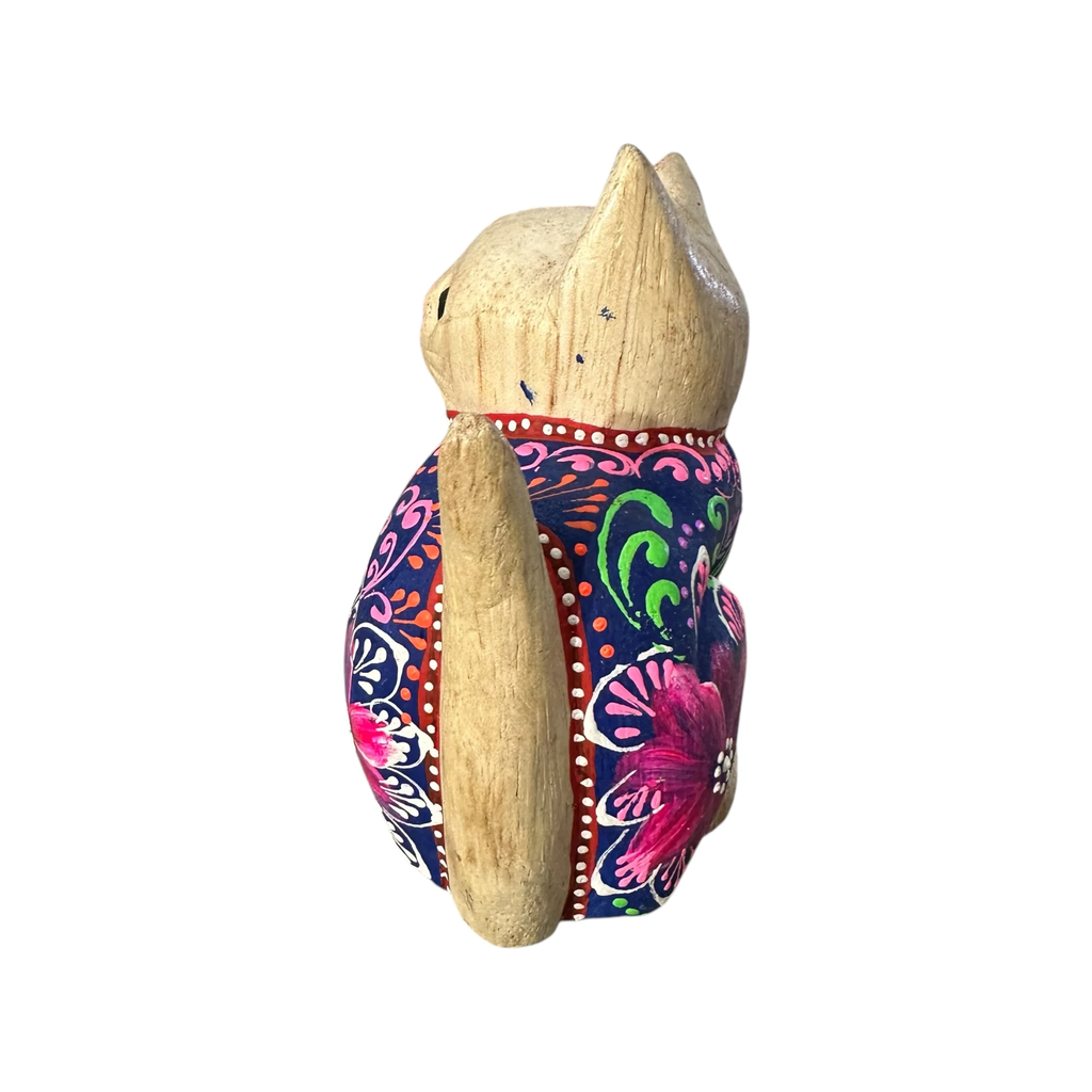 Hand-Carved Wooden Cat Figurine with Hand-Painted Floral Design Twilight Orchid Cat by Music Frog Co