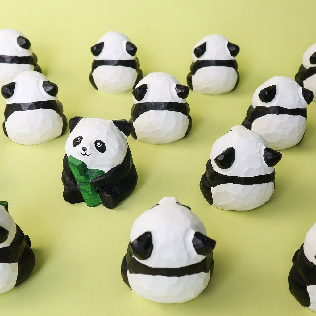 Hand-Carved Wooden Panda Figurine – Cute Handmade Decor with Mini Accessories by Kitsville