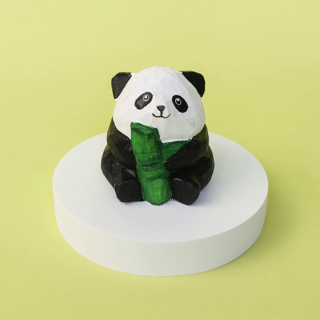 Hand-Carved Wooden Panda Figurine – Cute Handmade Decor with Mini Accessories by Kitsville