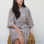 Hand Dyed Batik Robe Kimono, 100% Cotton, Gray, Silver Petals Robes La Vie Bien Hand Dyed Batik Robe Kimono, 100% Cotton, Gray, Silver Petals