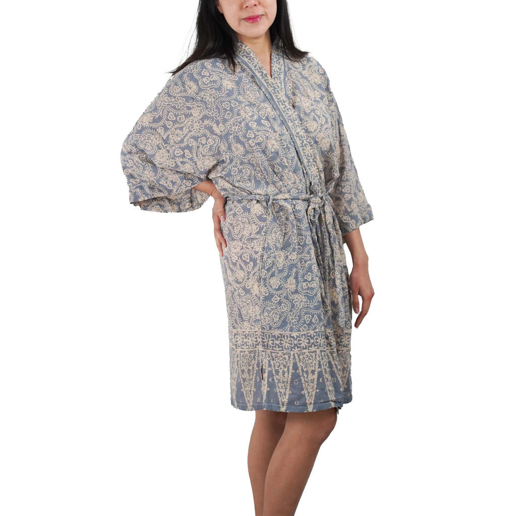 Hand Dyed Batik Robe Kimono, 100% Cotton, Gray, Silver Petals Robes La Vie Bien Hand Dyed Batik Robe Kimono, 100% Cotton, Gray, Silver Petals