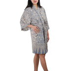 Hand Dyed Batik Robe Kimono, 100% Cotton, Gray, Silver Petals Robes La Vie Bien Hand Dyed Batik Robe Kimono, 100% Cotton, Gray, Silver Petals