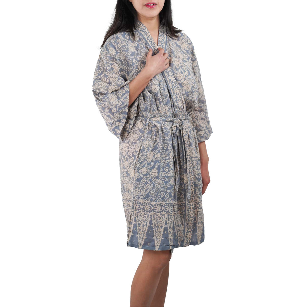 Hand Dyed Batik Robe Kimono, 100% Cotton, Gray, Silver Petals Robes La Vie Bien Hand Dyed Batik Robe Kimono, 100% Cotton, Gray, Silver Petals