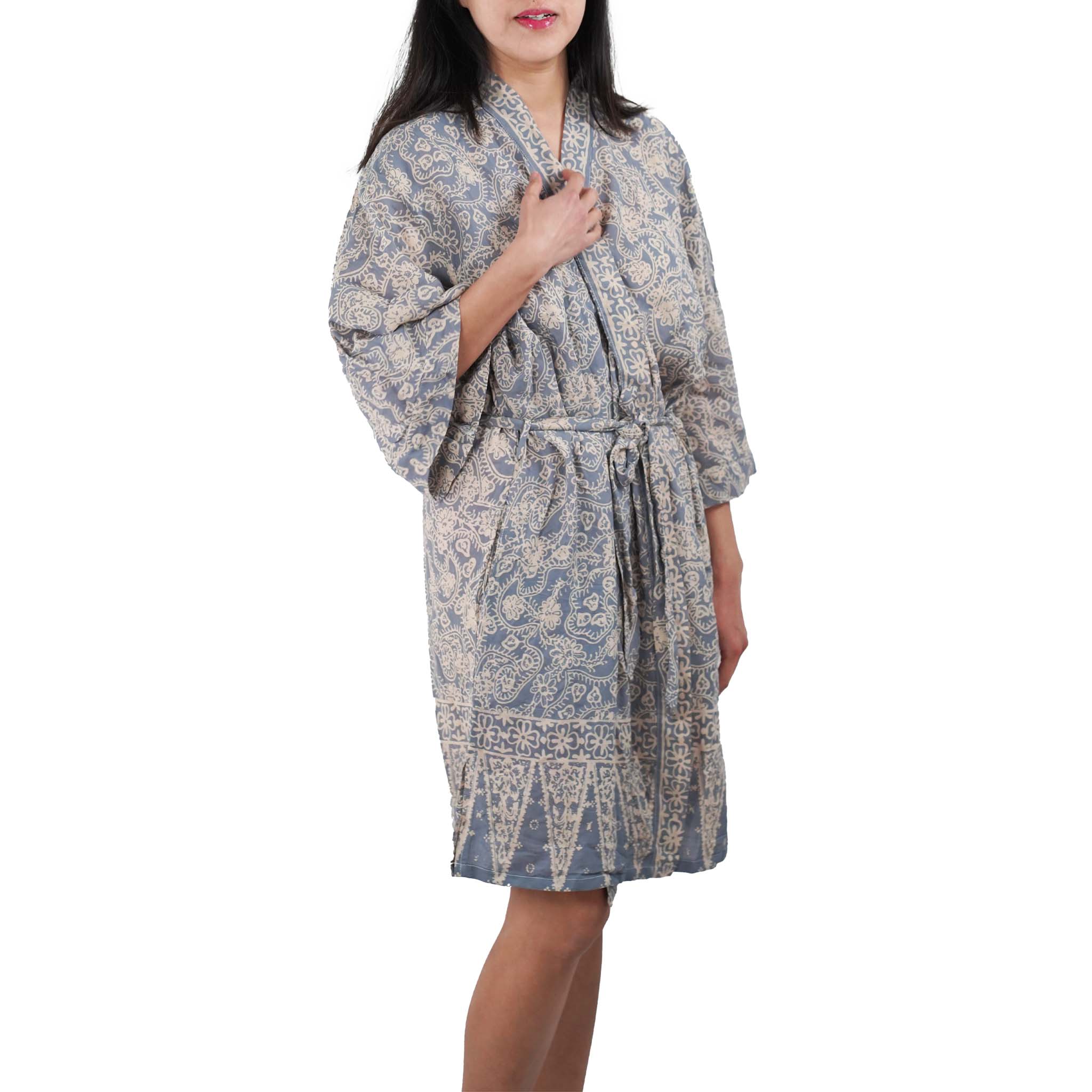 Hand Dyed Batik Robe Kimono, 100% Cotton, Gray, Silver Petals Robes La Vie Bien Hand Dyed Batik Robe Kimono, 100% Cotton, Gray, Silver Petals