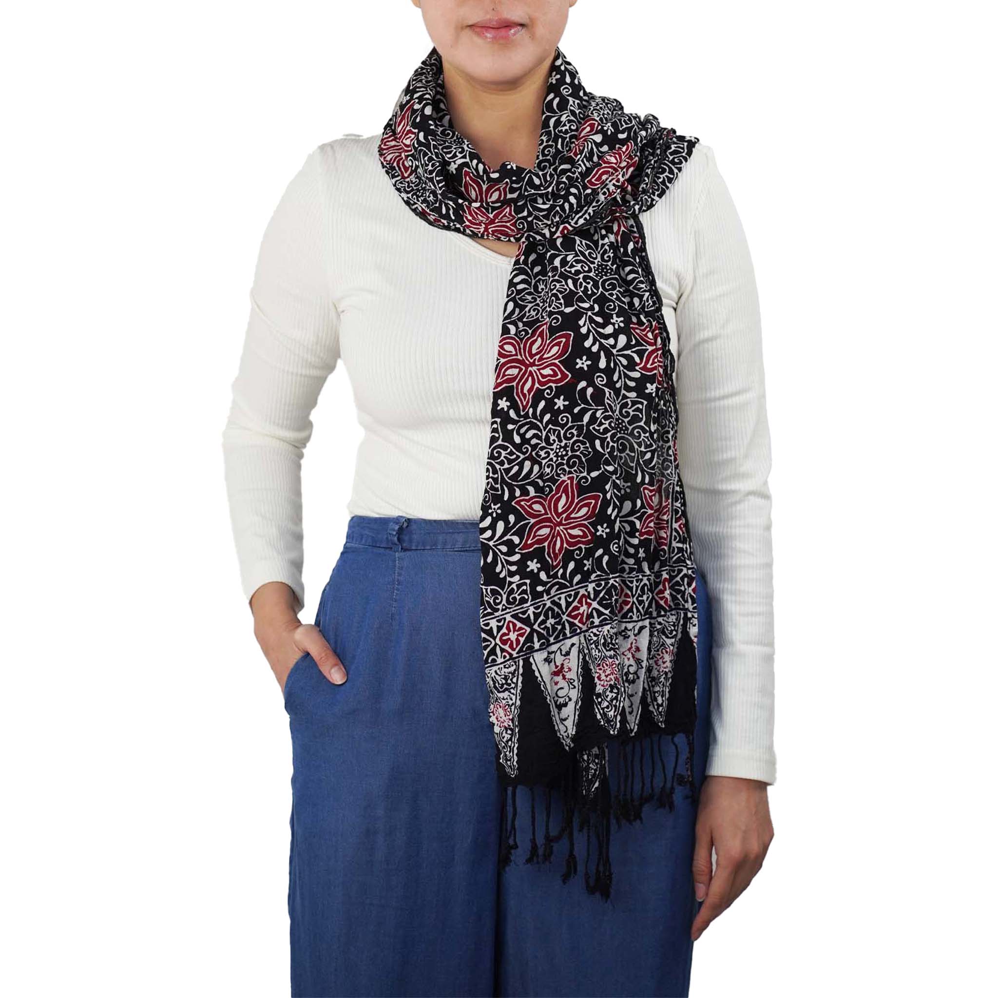 Hand Dyed Batik Scarf, 100% Cotton Fabric, Black Red Floral Star Scarves La Vie Bien Hand Dyed Batik Scarf, 100% Cotton Fabric, Black Red Floral Star