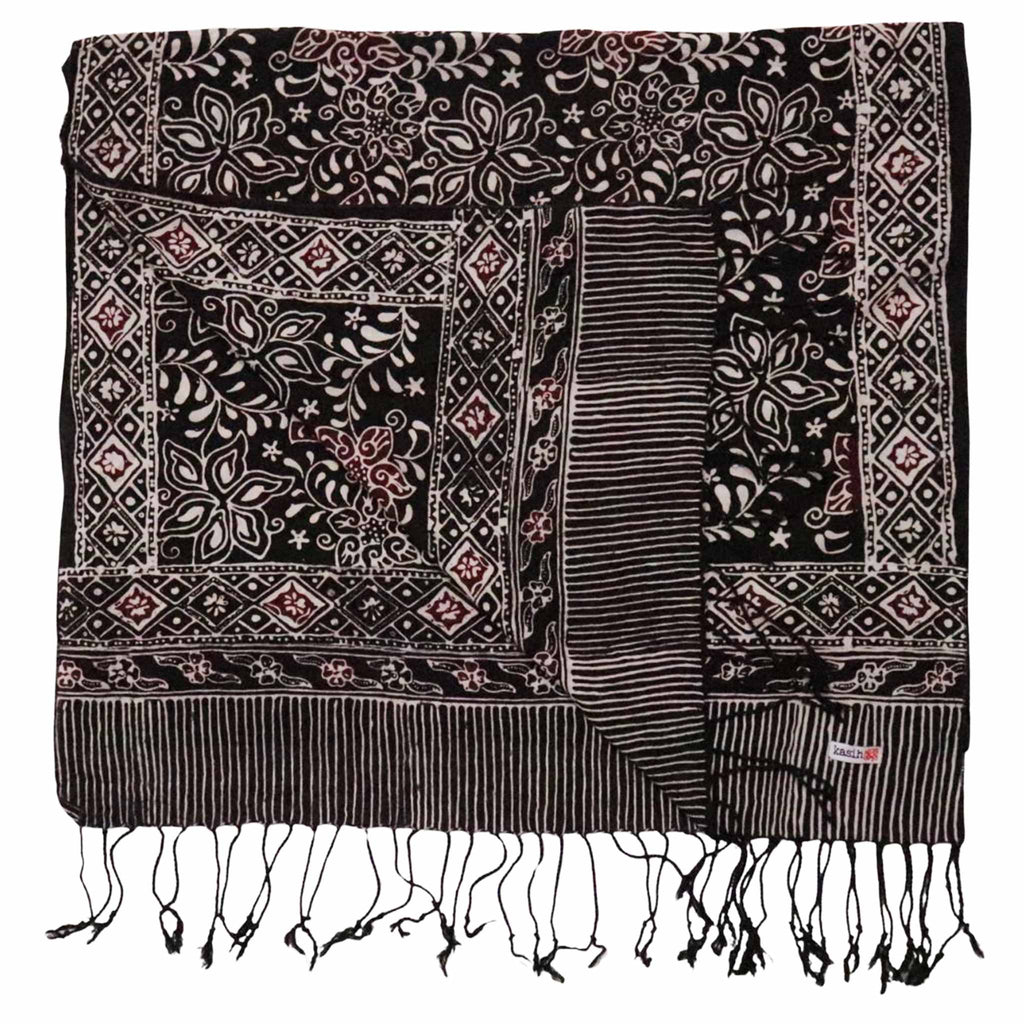 Hand Dyed Batik Scarf, 100% Cotton Fabric, Black Red Floral Star Scarves La Vie Bien Hand Dyed Batik Scarf, 100% Cotton Fabric, Black Red Floral Star