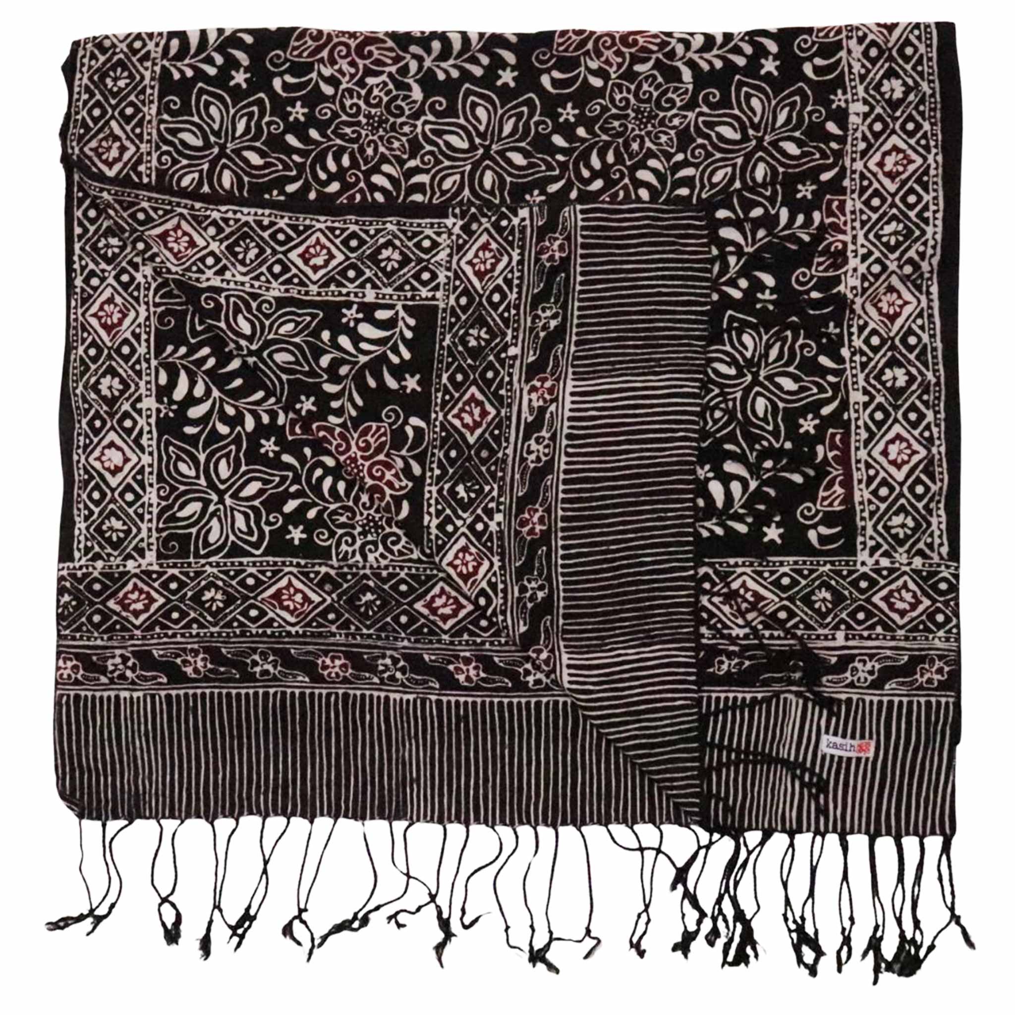 Hand Dyed Batik Scarf, 100% Cotton Fabric, Black Red Floral Star Scarves La Vie Bien Hand Dyed Batik Scarf, 100% Cotton Fabric, Black Red Floral Star