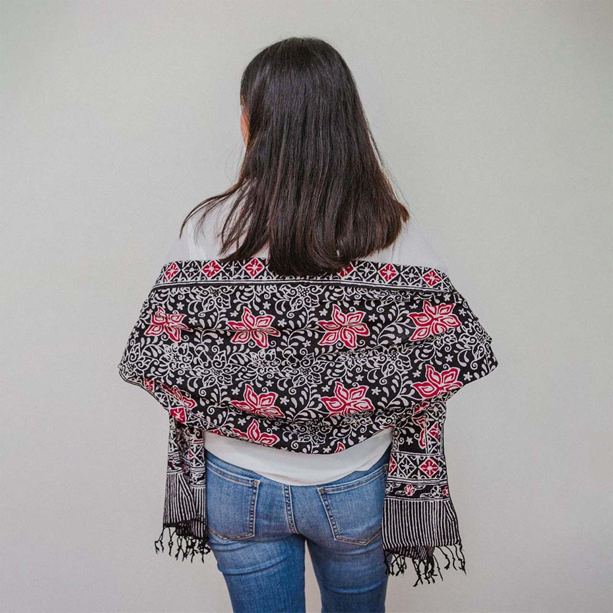 Hand Dyed Batik Scarf, 100% Cotton Fabric, Black Red Floral Star Scarves La Vie Bien Hand Dyed Batik Scarf, 100% Cotton Fabric, Black Red Floral Star