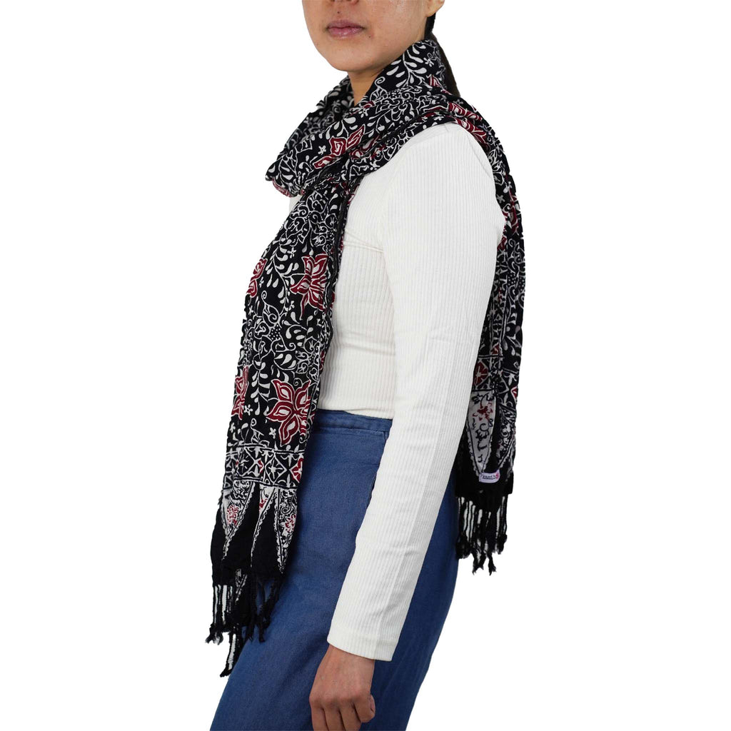 Hand Dyed Batik Scarf, 100% Cotton Fabric, Black Red Floral Star Scarves La Vie Bien Hand Dyed Batik Scarf, 100% Cotton Fabric, Black Red Floral Star