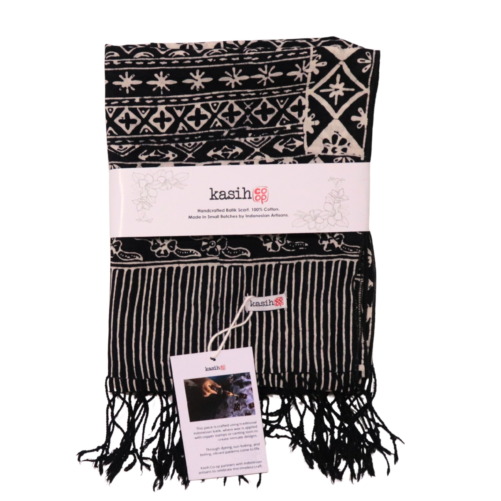 Hand Dyed Batik Scarf, 100% Cotton Fabric, Black White, Geometric Scarves La Vie Bien Hand Dyed Batik Scarf, 100% Cotton Fabric, Black White, Geometric