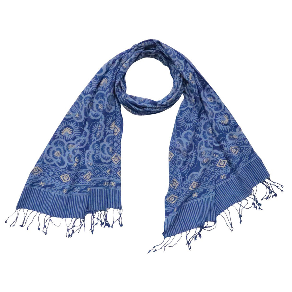 Hand Dyed Batik Scarf - Soft Cotton, Blue Roses, White, Floral, Flower Scarves La Vie Bien Hand Dyed Batik Scarf - Soft Cotton, Blue Roses, White, Floral, Flower