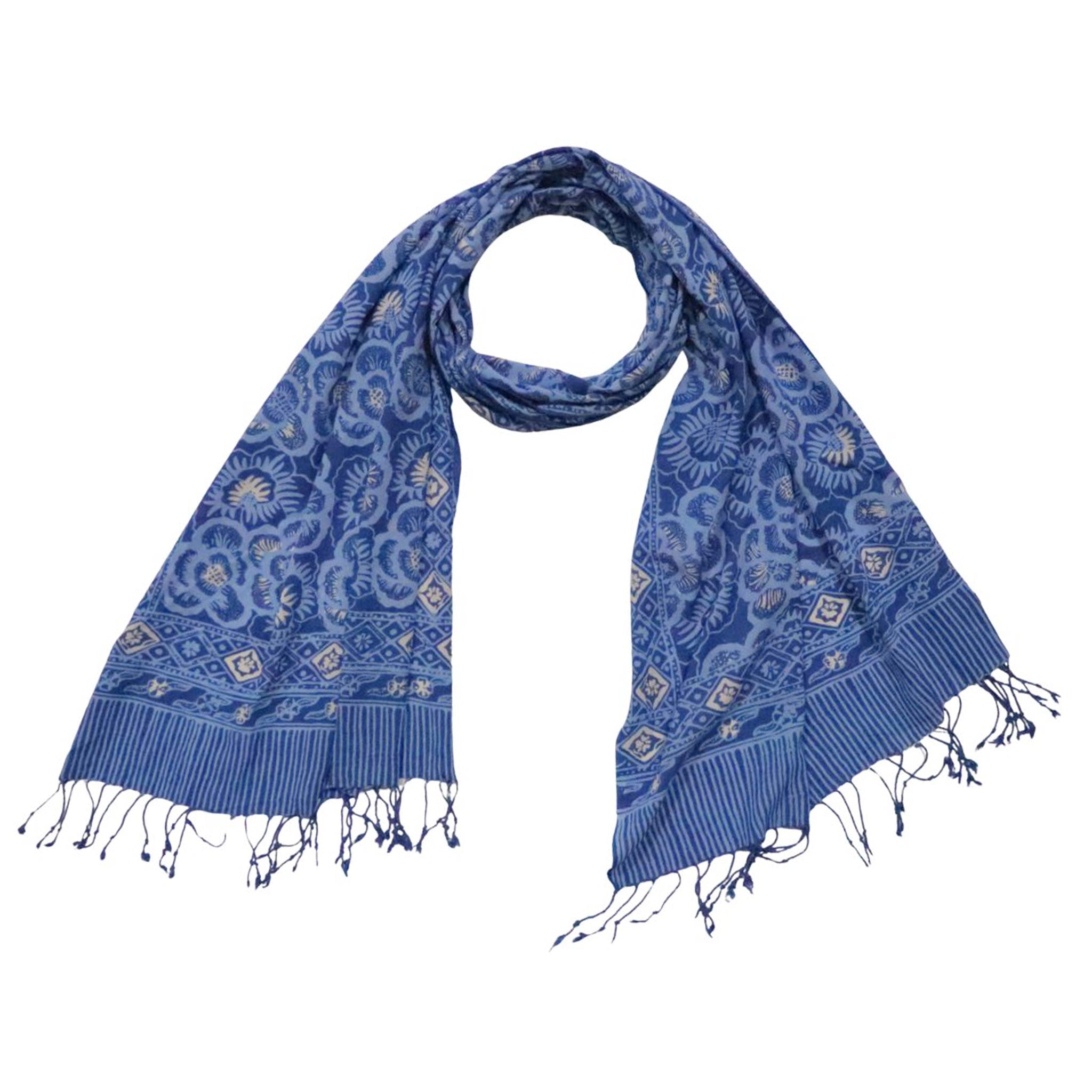 Hand Dyed Batik Scarf - Soft Cotton, Blue Roses, White, Floral, Flower Scarves La Vie Bien Hand Dyed Batik Scarf - Soft Cotton, Blue Roses, White, Floral, Flower