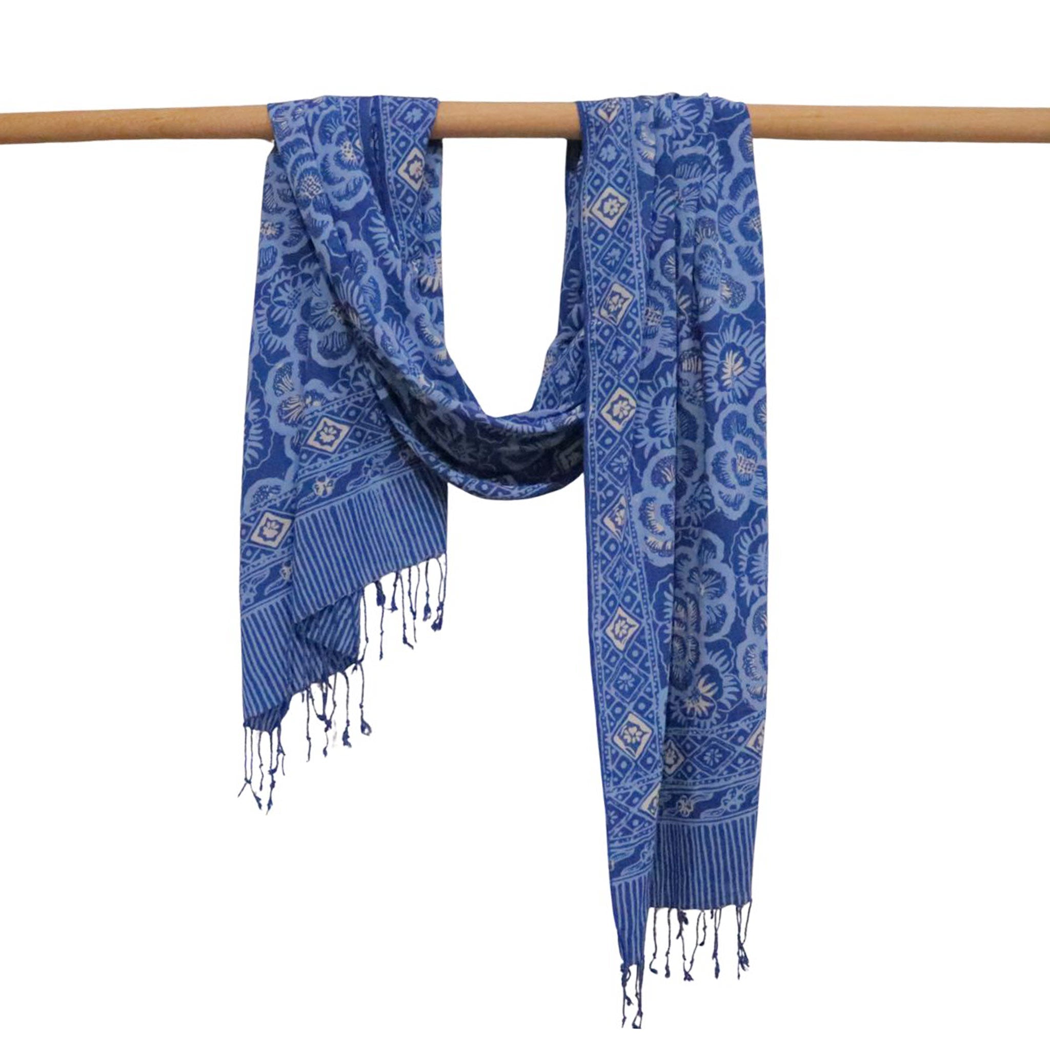 Hand Dyed Batik Scarf - Soft Cotton, Blue Roses, White, Floral, Flower Scarves La Vie Bien Hand Dyed Batik Scarf - Soft Cotton, Blue Roses, White, Floral, Flower