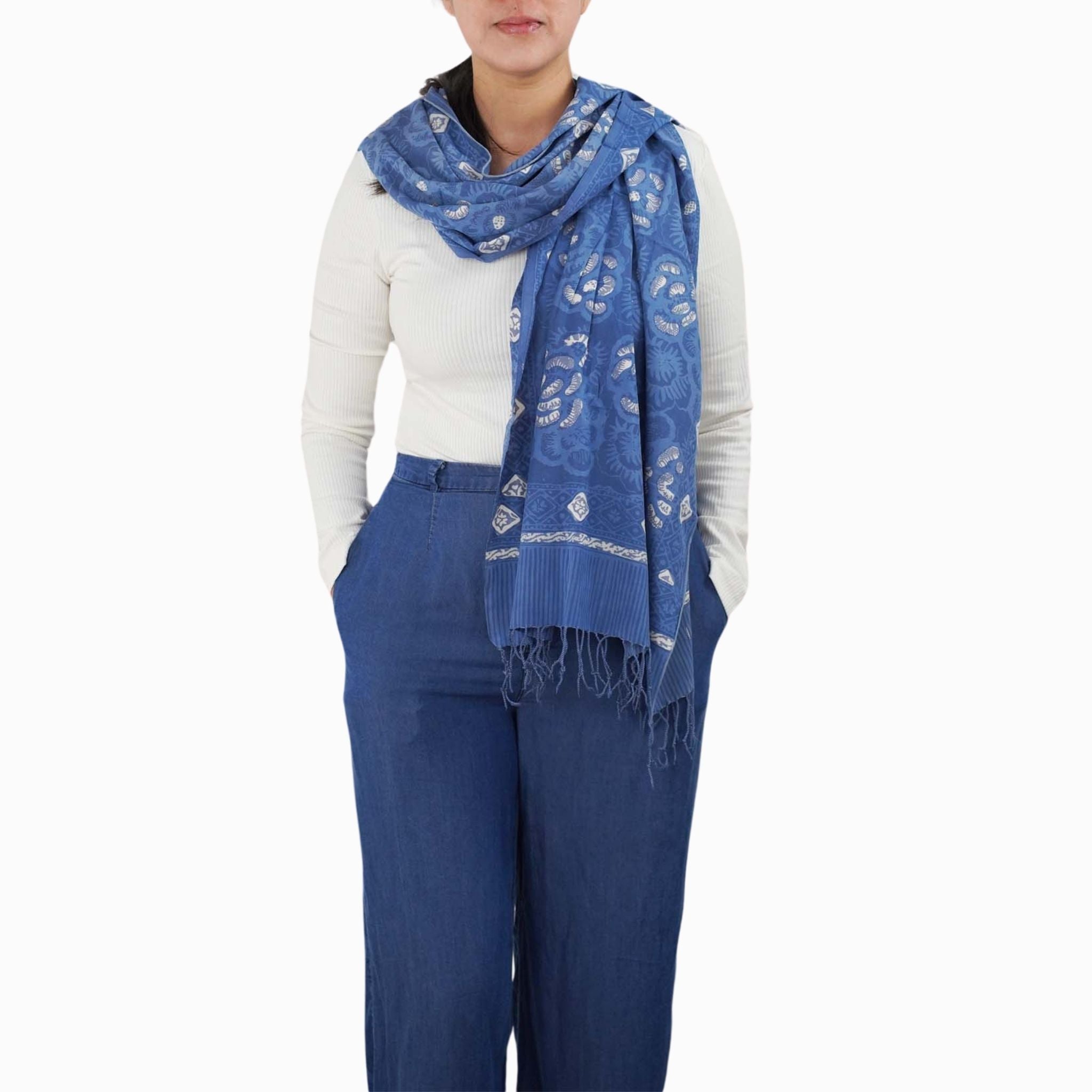 Hand Dyed Batik Scarf - Soft Cotton, Blue Roses, White, Floral, Flower Scarves La Vie Bien Hand Dyed Batik Scarf - Soft Cotton, Blue Roses, White, Floral, Flower