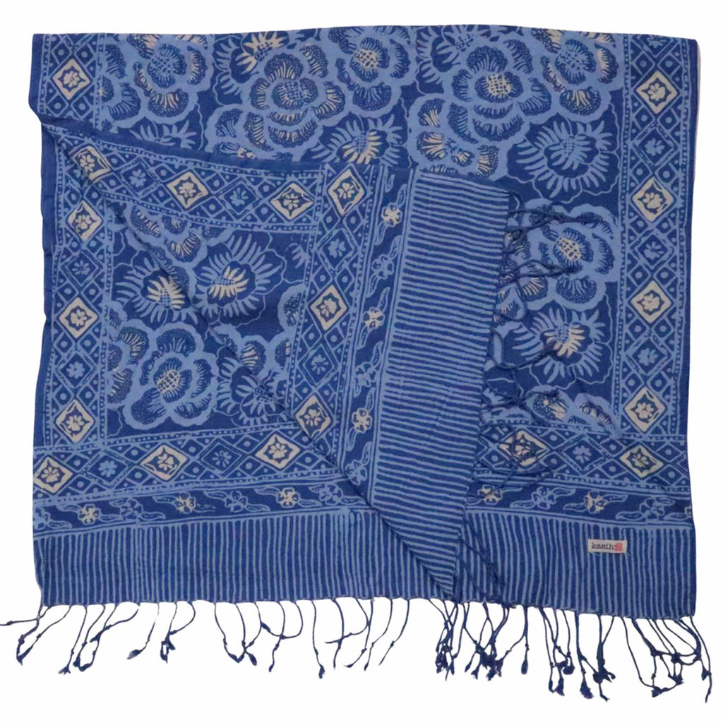Hand Dyed Batik Scarf - Soft Cotton, Blue Roses, White, Floral, Flower Scarves La Vie Bien Hand Dyed Batik Scarf - Soft Cotton, Blue Roses, White, Floral, Flower