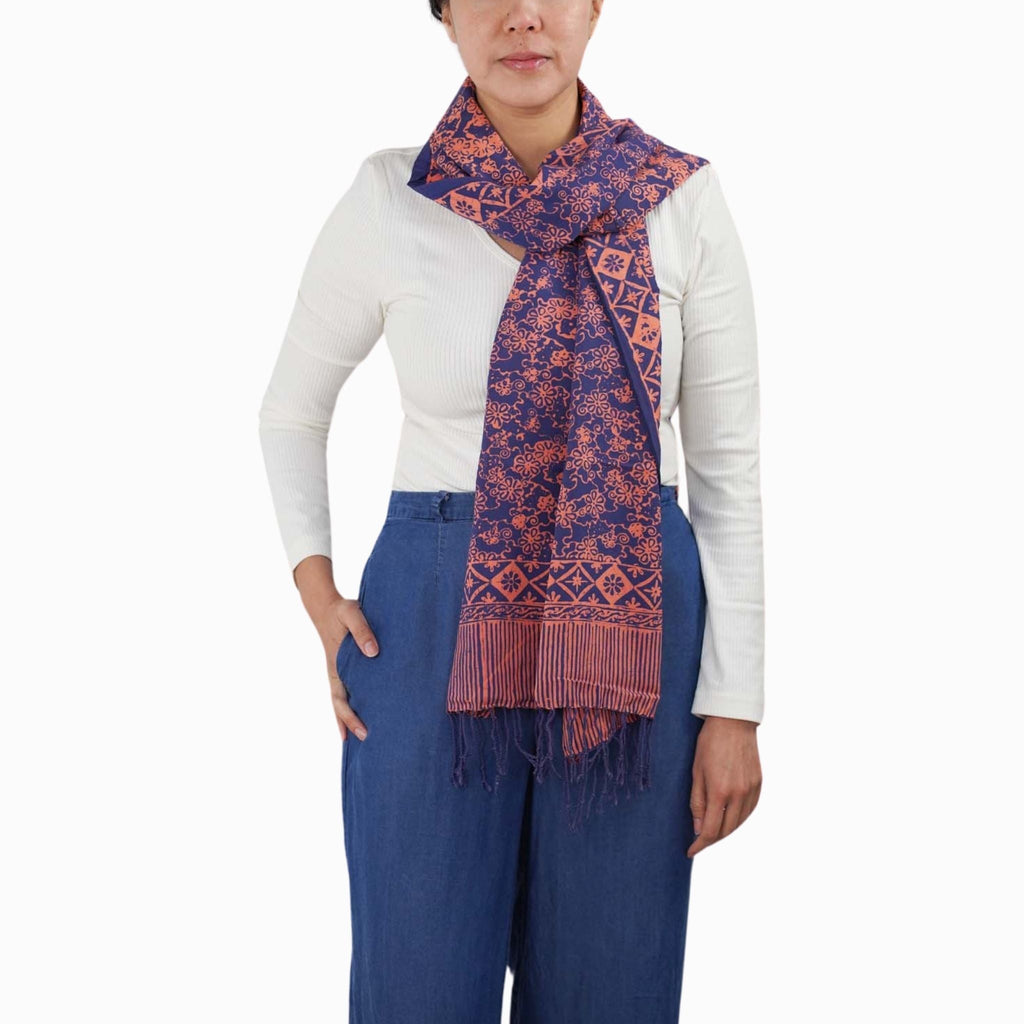 Hand Dyed Batik Scarf, Soft Cotton, Mangosteen, Blue, Pink, Fruit, Floral Scarves La Vie Bien Hand Dyed Batik Scarf, Soft Cotton, Mangosteen, Blue, Pink, Fruit, Floral