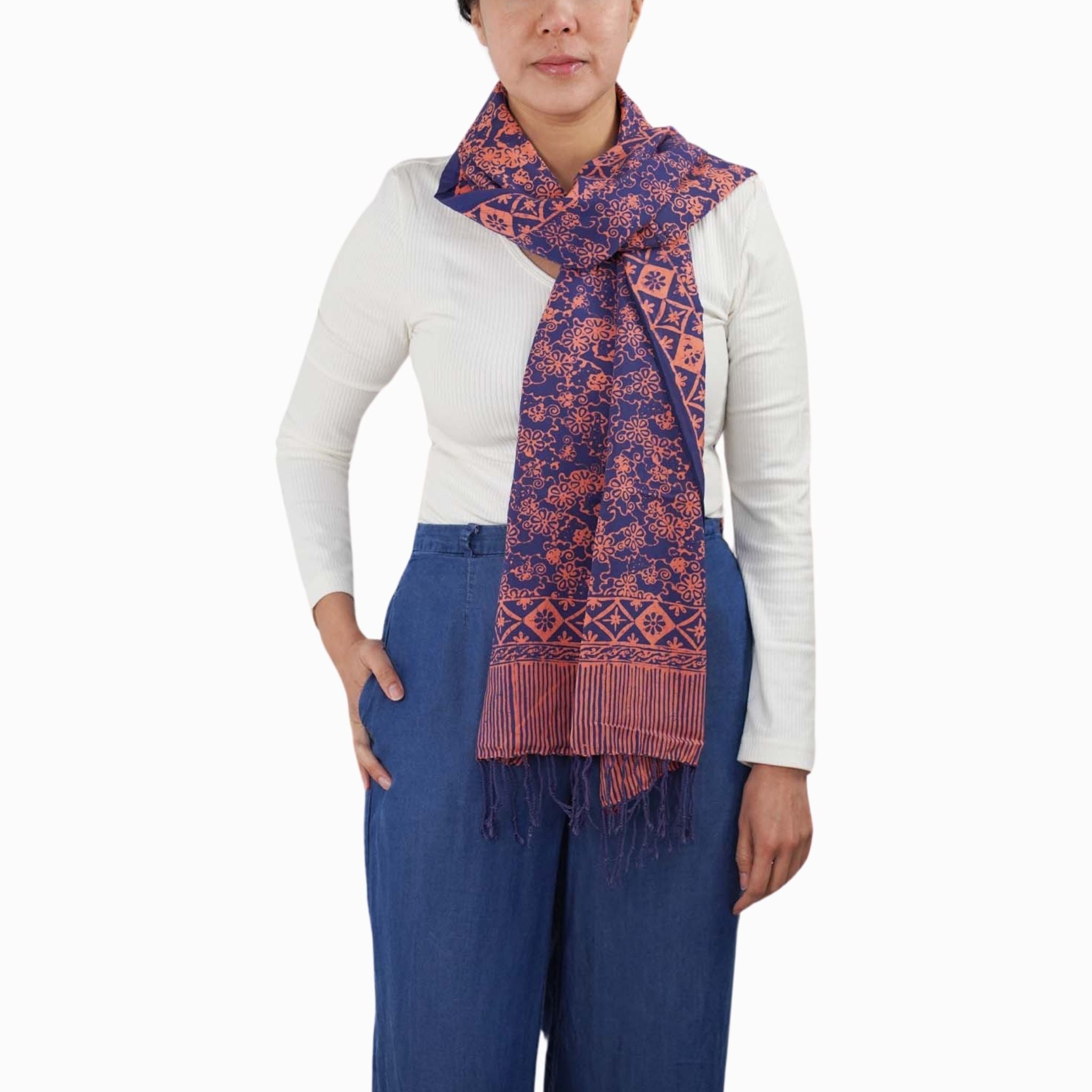 Hand Dyed Batik Scarf, Soft Cotton, Mangosteen, Blue, Pink, Fruit, Floral Scarves La Vie Bien Hand Dyed Batik Scarf, Soft Cotton, Mangosteen, Blue, Pink, Fruit, Floral