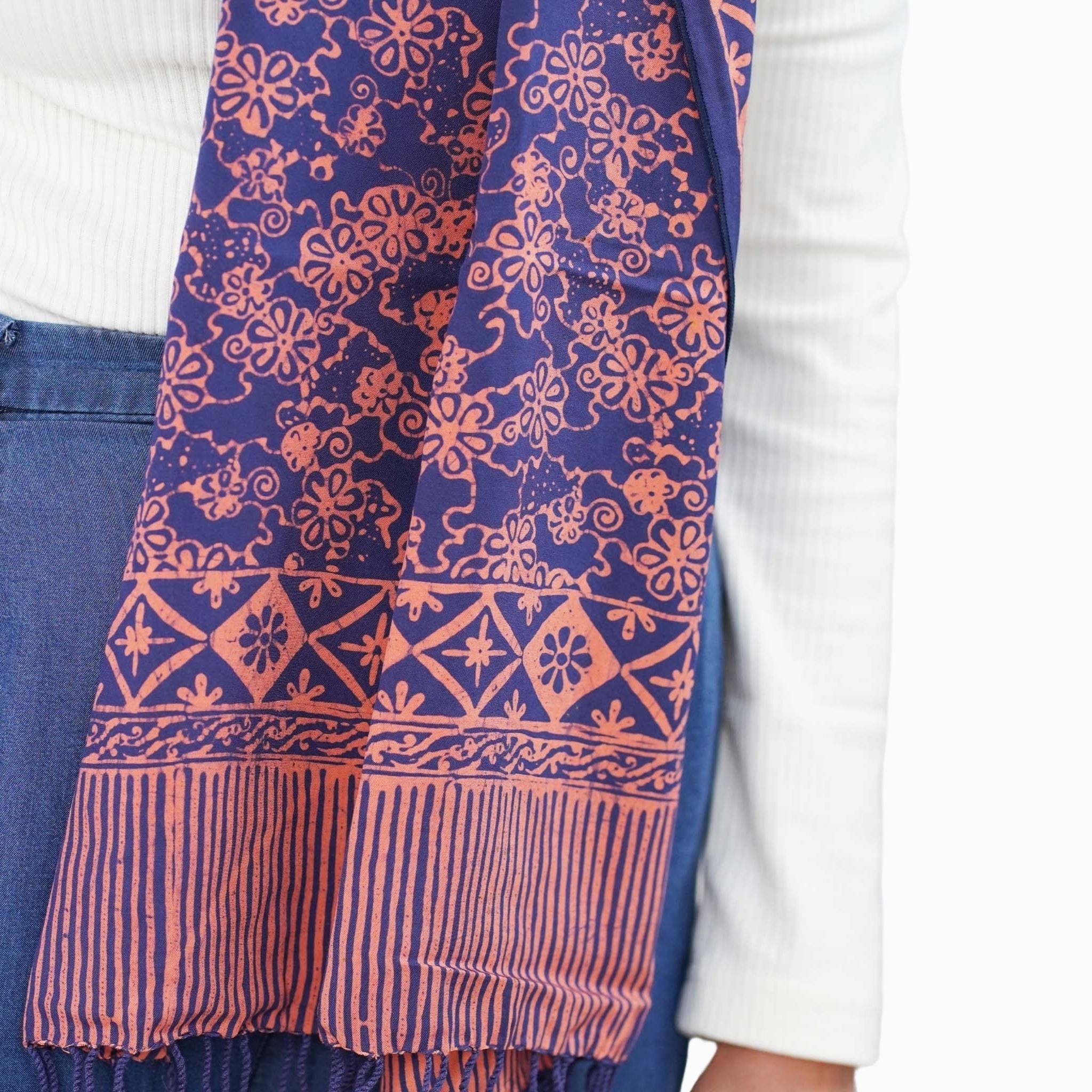 Hand Dyed Batik Scarf, Soft Cotton, Mangosteen, Blue, Pink, Fruit, Floral Scarves La Vie Bien Hand Dyed Batik Scarf, Soft Cotton, Mangosteen, Blue, Pink, Fruit, Floral