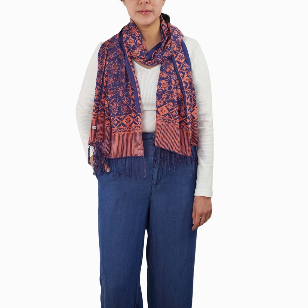 Hand Dyed Batik Scarf, Soft Cotton, Mangosteen, Blue, Pink, Fruit, Floral Scarves La Vie Bien Hand Dyed Batik Scarf, Soft Cotton, Mangosteen, Blue, Pink, Fruit, Floral