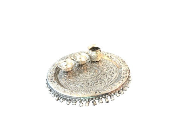 Hand Engraved German Silver Pooja Thali Mandir items La Vie Bien Hand Engraved German Silver Pooja Thali