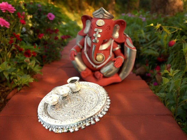 Hand Engraved German Silver Pooja Thali Mandir items La Vie Bien Hand Engraved German Silver Pooja Thali