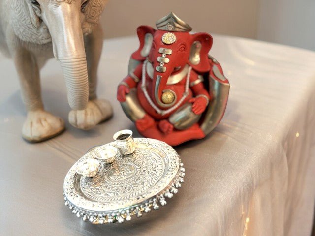 Hand Engraved German Silver Pooja Thali Mandir items La Vie Bien Hand Engraved German Silver Pooja Thali
