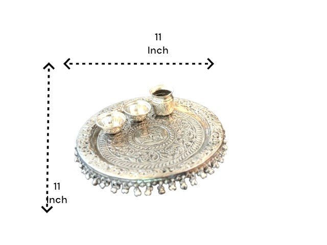 Hand Engraved German Silver Pooja Thali Mandir items La Vie Bien Hand Engraved German Silver Pooja Thali