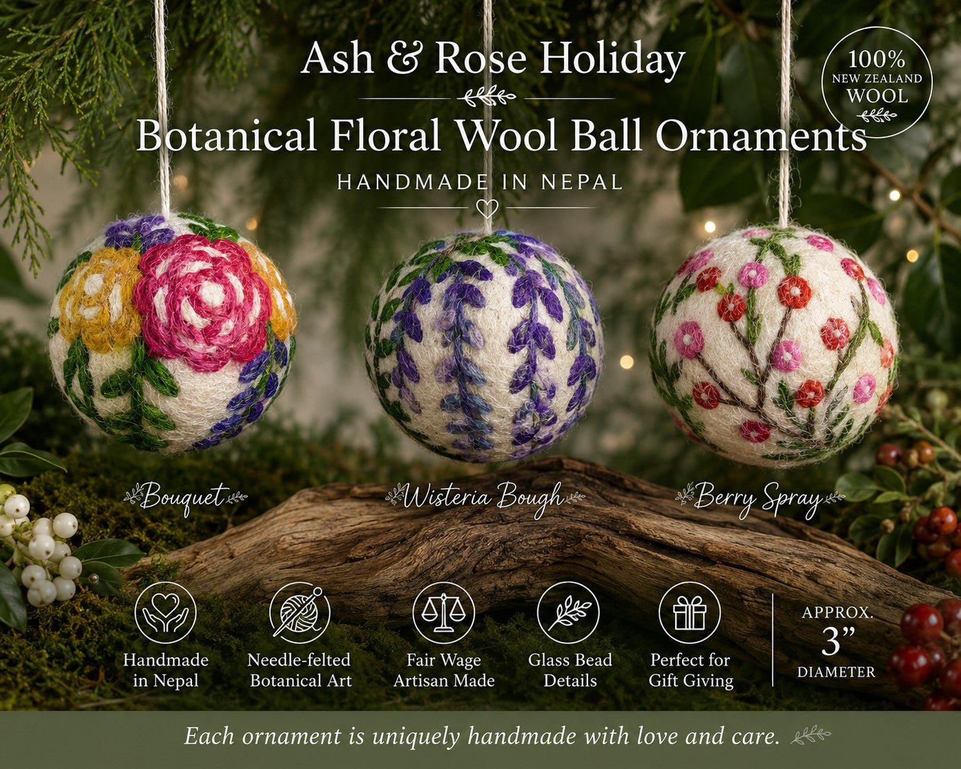 Hand Felted Wool Ball Ornament - Berry Spray ornament La Vie Bien Hand Felted Wool Ball Ornament - Berry Spray
