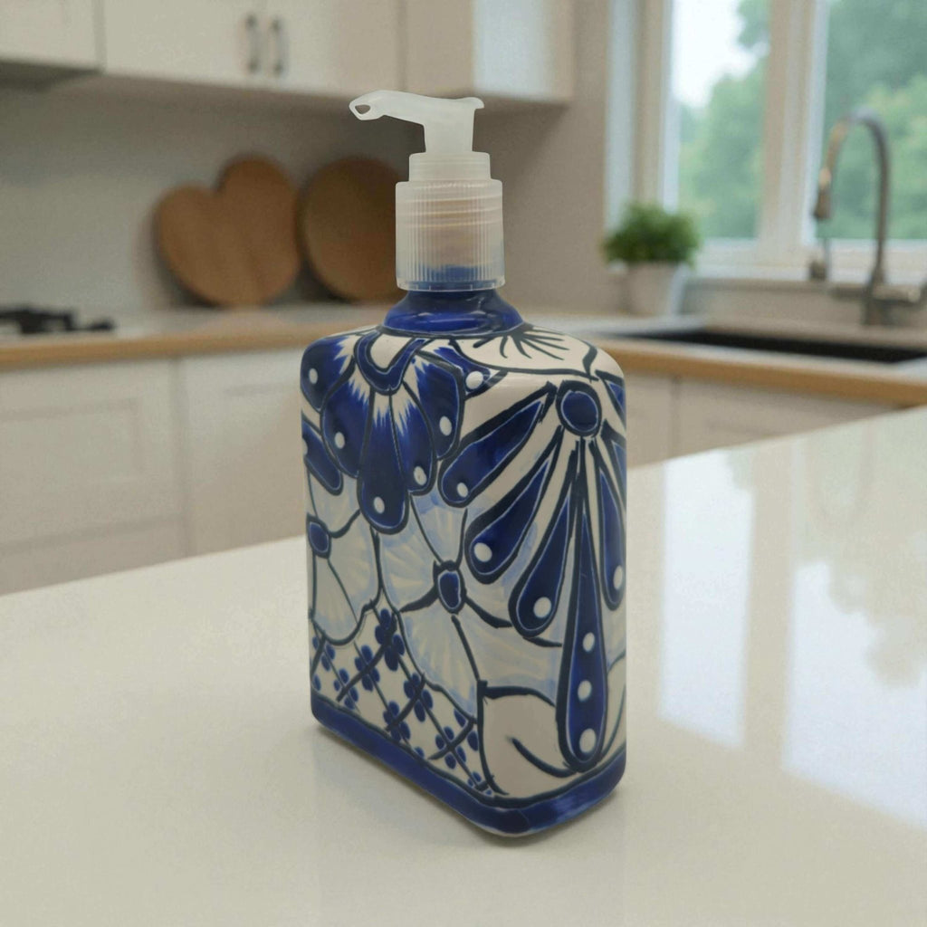 Hand-Painted Blue Talavera Soap Dispenser | Floral Ceramic Decor Talavera Soap Dispenser La Vie Bien Hand-Painted Blue Talavera Soap Dispenser | Floral Ceramic Decor