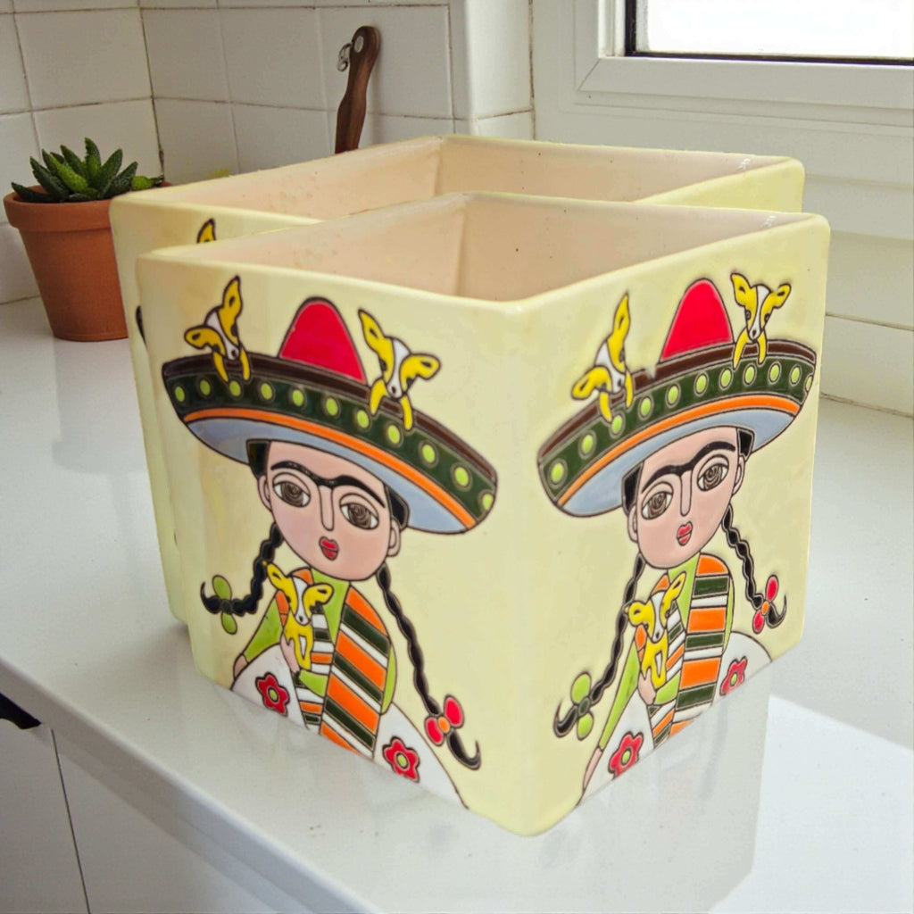 Hand - Painted Frida Kahlo Talavera Pot | Mexican Folk Art Planter Talavera Flower Pot La Vie Bien Hand - Painted Frida Kahlo Talavera Pot | Mexican Folk Art Planter