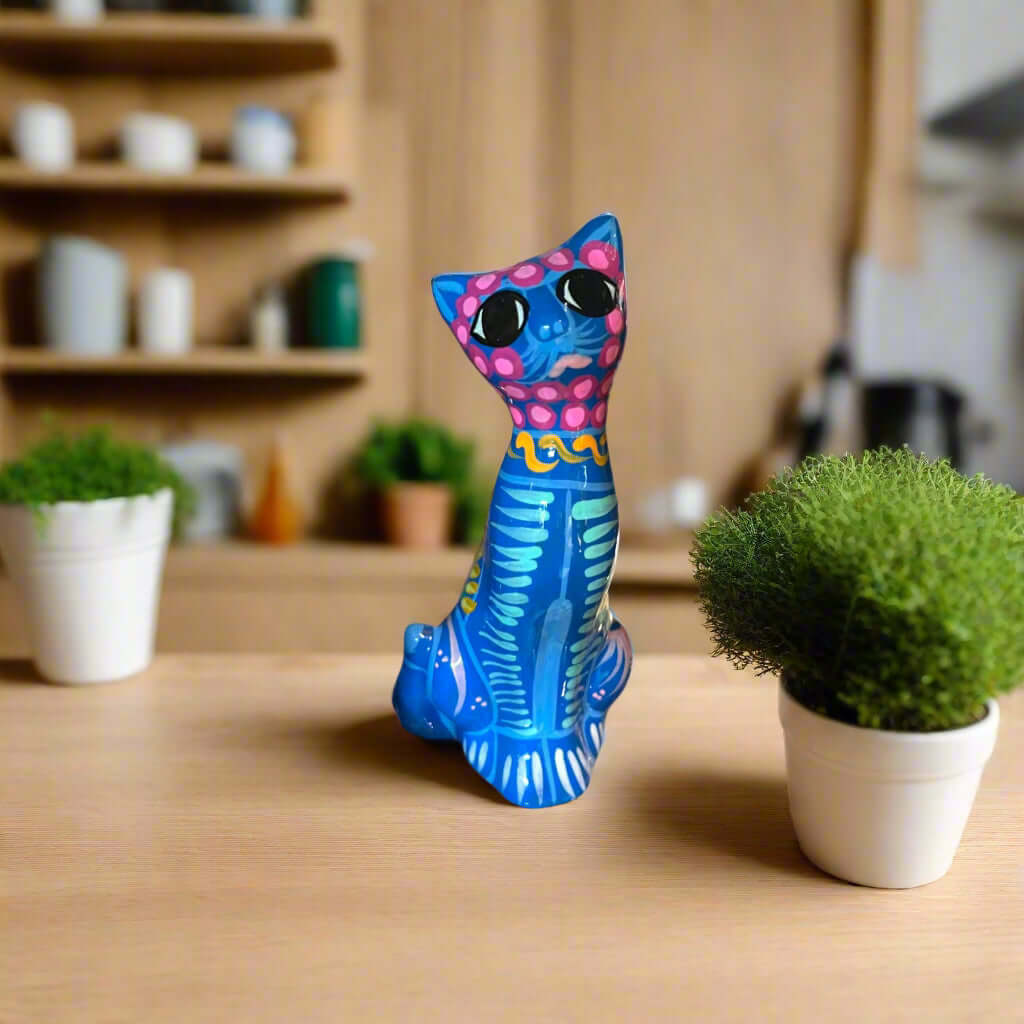 Hand - Painted Guerrero Cat Statue | Colorful Mexican Ceramic Figure (Medium) Guerrero Figurine La Vie Bien Hand - Painted Guerrero Cat Statue | Colorful Mexican Ceramic Figure (Medium)