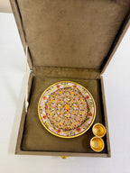 Hand-painted Marble Pooja Plate with Roli Chawal Bowls in Velvet Gift Box La Vie Bien Hand-painted Marble Pooja Plate with Roli Chawal Bowls in Velvet Gift Box
