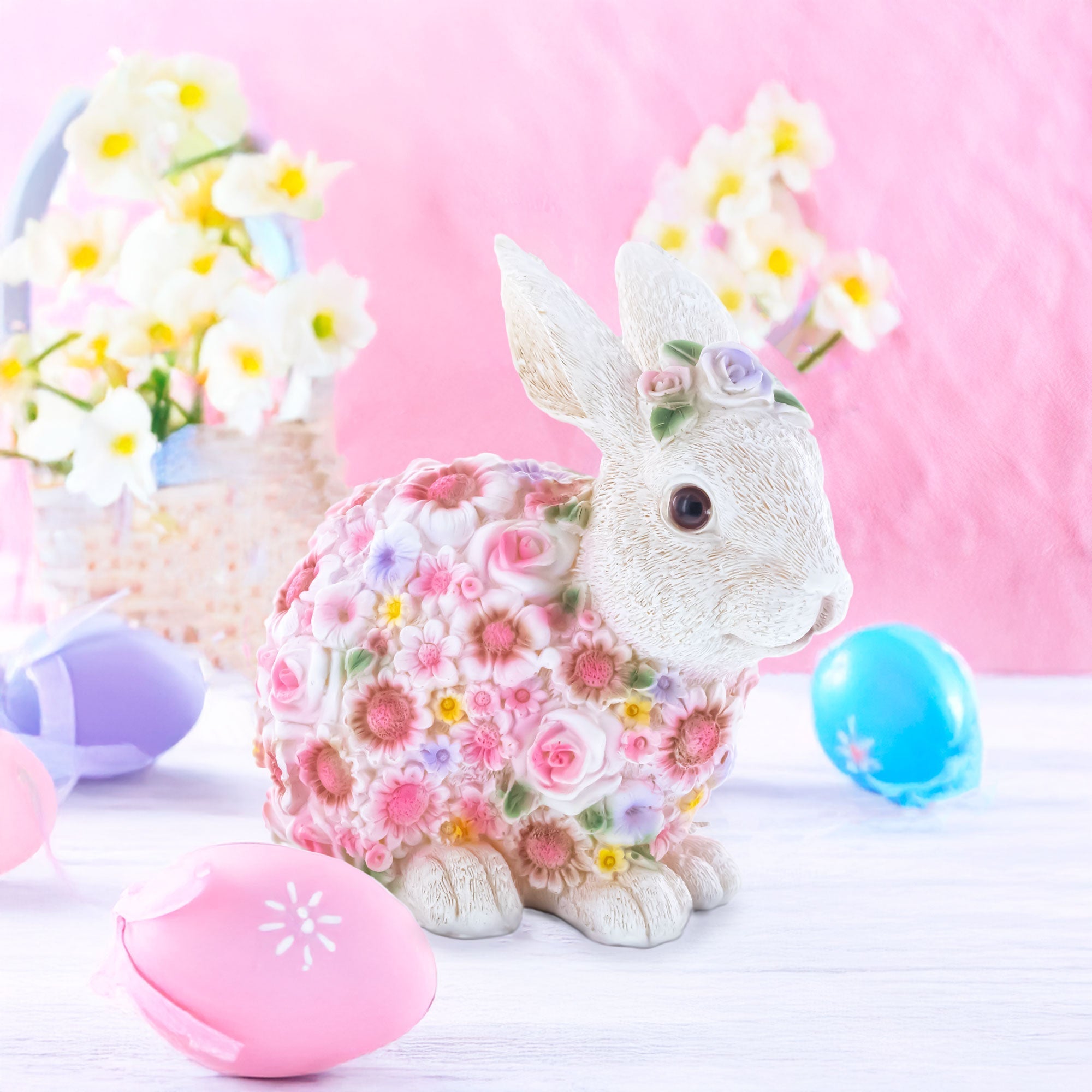 Hand Painted Resin Bunny With Elegant Garden Blooms 7.1 Inches Tall Easter > Figurines > Bunnies La Vie Bien Hand Painted Resin Bunny With Elegant Garden Blooms 7.1 Inches Tall
