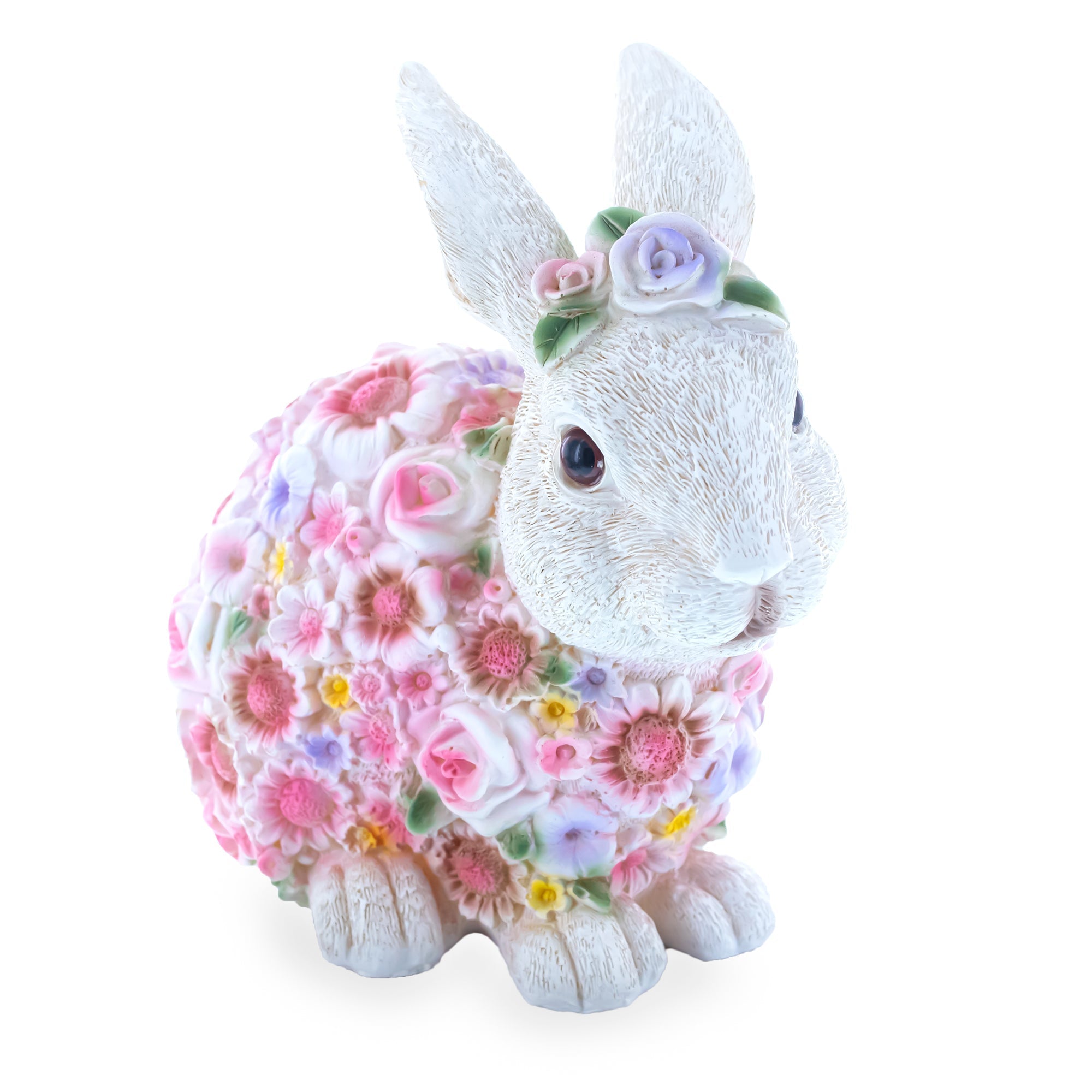 Hand Painted Resin Bunny With Elegant Garden Blooms 7.1 Inches Tall Easter > Figurines > Bunnies La Vie Bien Hand Painted Resin Bunny With Elegant Garden Blooms 7.1 Inches Tall